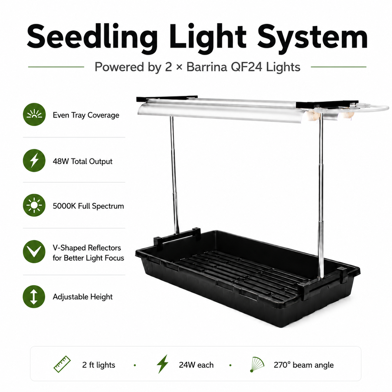 Seedling light system specs: 48W, 5000K full spectrum LED - Palm & Soil
