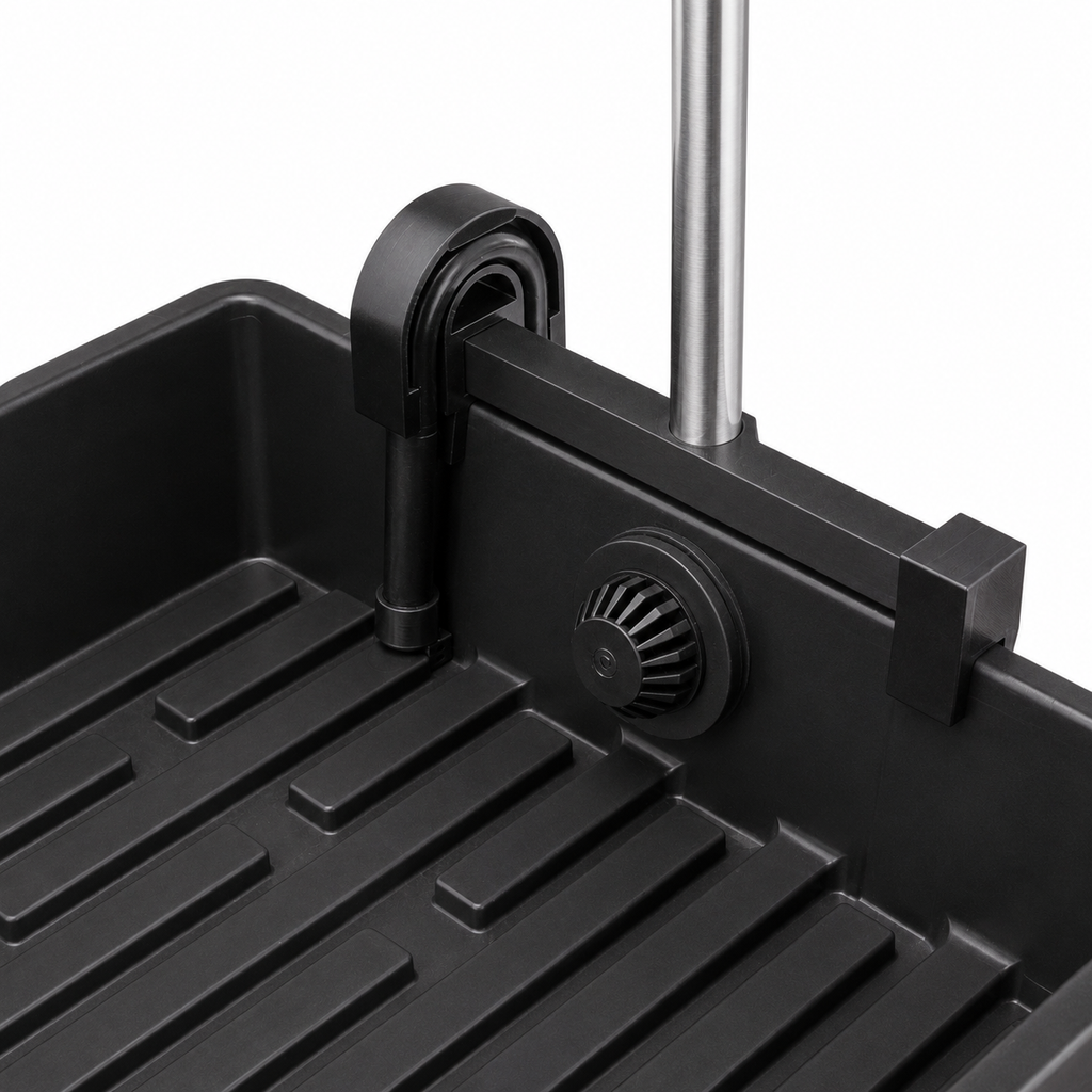 Flood and drain siphon inside the 1020 flood tray, detail - Palm & Soil 