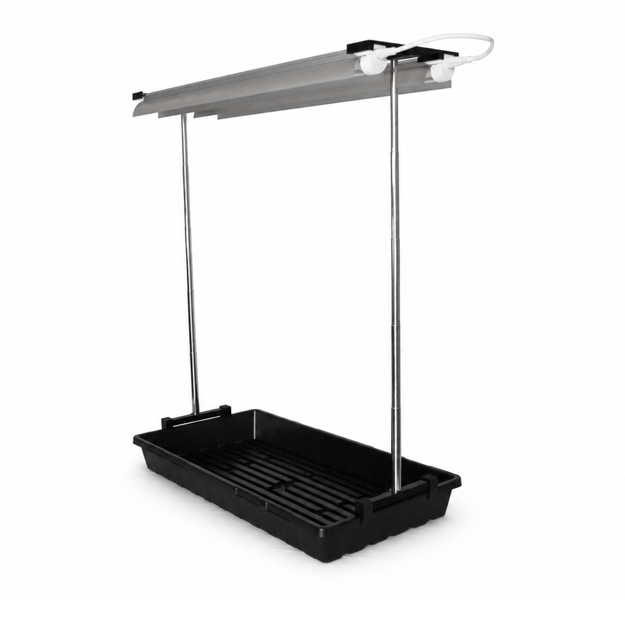 Seedling grow light stand seen from the side above a tray - Palm & Soil